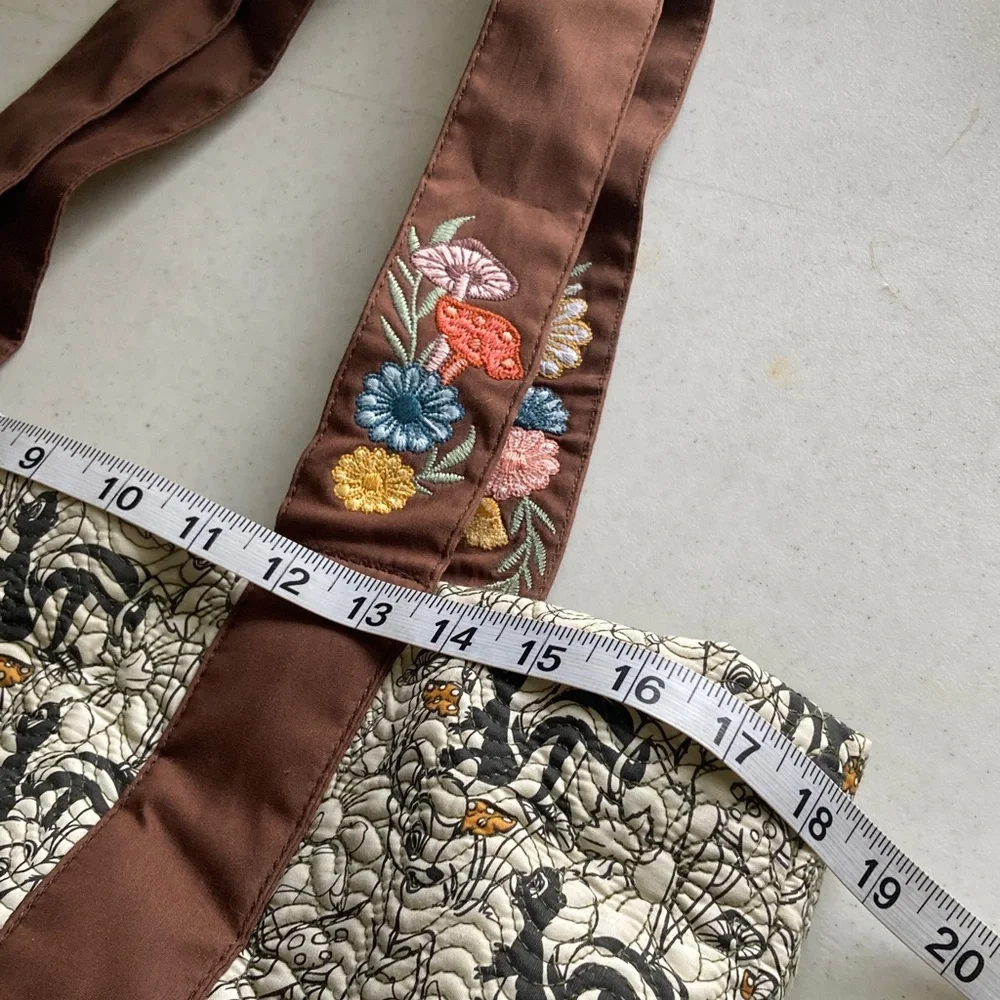 Disney Bambi & Flower Quilted Tote Brown Trim Floral Embroidered Straps - Picture 10 of 11